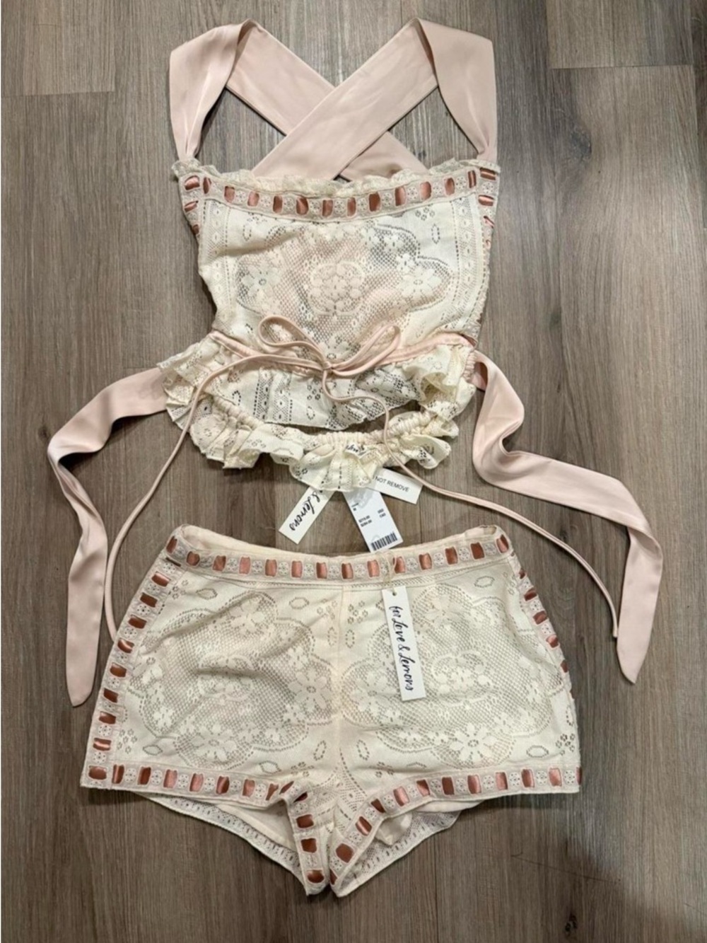 For Love & Lemons Blush Pink and Cream Crochet Lace Tank Top & Shorts Set